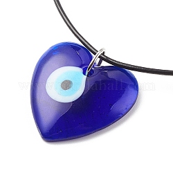 Heart with Evil Eye Lampwork Pendant Necklace with Leather Cord for Women, Blue, Pendnat: 35x35x7mm, 17.91 inch(45.5cm)