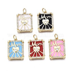 Brass Micro Pave Clear Cubic Zirconia Pendants, with Enamel and Jump Rings, Cadmium Free & Nickel Free & Lead Free, Real 16K Gold Plated, for Mother's Day, Rectangle with Word Mama & Heart, Mixed Color, 19.5x14.5x3mm, Jump Ring: 5x1mm, 3mm inner diameter