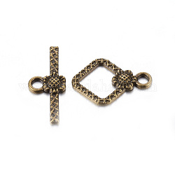 Tibetan Style Toggle Clasps, Lead Free and Cadmium Free, Rhombus, Antique Bronze Color, Size: Rhombus: about 21mm long, 15mm wide, 2mm thick, Bar: 24mm long, 10mm wide, 2mm thick, hole: 2mm