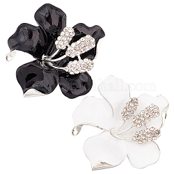 Fibloom 2 pz 2 colori spilla fiore di strass di cristallo pin, distintivo di moda in lega d'argento per scialle di vestiti, in bianco e nero, 48x48x12mm, 1pc / color