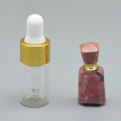 Граненые подвески в виде открывающегося флакона для духов из натурального родонита, с латунными находками и стеклянными бутылками с эфирным маслом, 30~40x14~18x11~14 мм, отверстие : 0.8 мм, Емкость стеклянной бутылки: 3 мл (0.101 жидких унции), Емкость драгоценного камня: 1 мл (0.03 жидких унции)