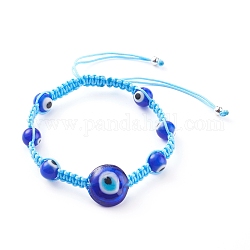 Verstellbare geflochtene Perlenarmbänder aus Nylonfaden, mit handgefertigten Glasperlen bösen Blick, Deep-Sky-blau, Innendurchmesser: 2~3-3/8 Zoll (5~8.5 cm)