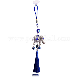 Turkish Style Glass Evil Eye & Alloy Rhinestones Elephant Pendant Decoration, with Polyester Cord Tassel Hanging Ornaments, Blue, 300mm