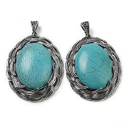 Gros pendentifs en turquoise synthétique, Breloques ovales en alliage plaqué argent antique de style tibétain, 61x47x12~14mm, Trou: 8.5x5.5mm