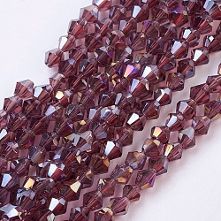 Chapelets de perles en verre, de couleur plaquée ab , facette, Toupie, Prune, 4x4mm, Trou: 1mm, Environ 92~96 pcs/chapelet, 13.78~14.37 pouce