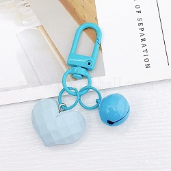 Porte-clés pendentifs acryliques, avec accessoires en alliage peint par pulvérisation, coeur et cloche, bleu profond du ciel, 6 cm