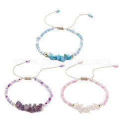 3 Stück Armbänder im 3-Stil aus natürlichen, gemischten Edelsteinsplittern und geflochtenen Perlen aus Glassamen, Verstellbare Nylonarmbänder, Innendurchmesser: 2 Zoll (5 cm), 1pc / style