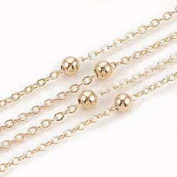 Messingkabelketten, Satellitenketten, mit runden Perlen, gelötet, mit Spule, Flachoval, echtes 18k vergoldet, 2x1.5x0.2 mm, ca. 32.8 Fuß (10m)/Rolle