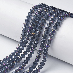 Placcare trasparente perle di vetro fili, mezzo arcobaleno placcato, sfaccettato, rondelle, Blue Steel, 6x5mm, Foro: 1 mm, circa 85~88pcs/filo, 16.1~16.5 pollice (41~42 cm)