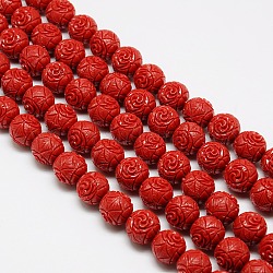 Synthetic Coral Beads Strands, Dyed, Round Beads Carved Flower Rose, Dark Red, 14mm, Hole: 1mm, about 30pcs/strand, 15.74 inch
