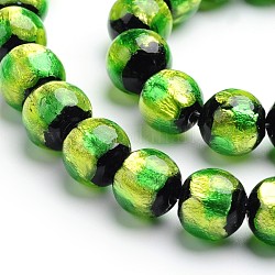 Handgefertigte Silberfolie Glas runde Perlen, grün gelb, 10 mm, Bohrung: 1 mm