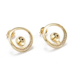 Reperti per orecchini a bottone in zircone chiaro con micro pavé di ottone, per mezzo forato perle, placcato di lunga durata, anello, vero placcato oro 18k, 15.5x15mm
