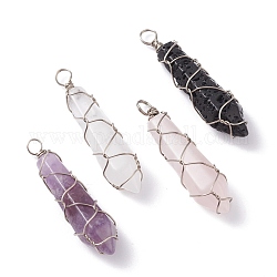 Natural Mixed Gemstone Pointed Pendants, with Platinum Tone Copper Wire Wrapped, Faceted Bullet Charm, 37~40.5x9~9.5x9mm, Hole: 2.5~3.5mm