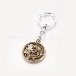 Porte-clés en alliage, avec la chaîne et anneaux de fer, plat rond avec le dragon, bronze antique et platine, 94.5mm, pendentif: 39x34x2 mm