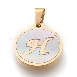 304 Stainless Steel Pendants, with Shell, Flat Round with Alphabet, Golden, Letter.H, 20.5x18x2.5mm, Hole: 7x4mm