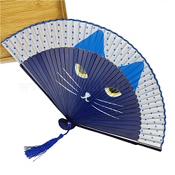Cat Pattern Bamboo with Satin Folding Fan, for Party Wedding Dancing Decoration, Midnight Blue, 210mm