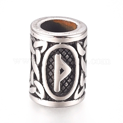304 perline europei in acciaio inox, perline con foro grande, colonna con rune / futhark / futhor, argento antico, 13.5x10mm, Foro: 6 mm