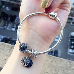 Bracelet à breloques rond plat, 925 bracelet européen en argent sterling avec des chaînes de serpent rondes pour les femmes, bleu, couleur d'argent, 7-1/8 pouce (18 cm)