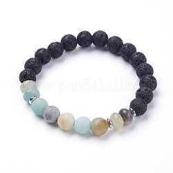 Natural Flower Amazonite Stretch Bracelets, with Brass Flat Round Bead Spacers, 2-3/8 inch(60mm)