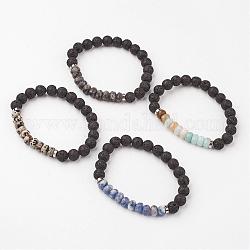 Bracelets extensibles de pierres précieuses naturelles, avec des perles de pierre de lave et des perles d'espacement en laiton, Abacus et rond, facette, 54 mm (2-1/8 pouces)