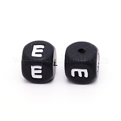 Silicone Beads, Cube with Letter.E, Black, 12x12x12mm, Hole: 2mm