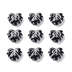 Perles acryliques opaques noires, métal enlacée, feuille, couleur d'argent, 10~10.5x13x4.5mm, Trou: 1.8mm, environ 1180 pcs/500 g