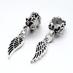 Wing Alloy European Dangle Charms, Large Hole Pendants, Antique Silver, 32mm, Hole: 4.5~5mm, Dangle: 18x6.2mm