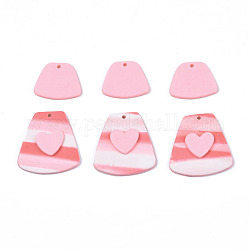 Handmade Polymer Clay Pendants, Trapezoid with Heart & Trapezoid, Pink, 18.5~31x22.5~30x2.5~4.5mm, Hole: 1.8mm, 2pcs/set