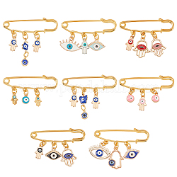 BENECREAT 8Pcs 8 Style Enamel Evil Eye Safety Pin Brooches, Golden Alloy Hamsa Hand & Butterfly & Horse Eye Charms Lapel Pins for Backpack Clothes, Mixed Color, 49~50mm