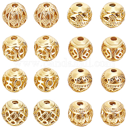 Beebeecraft 1 boîte de 32 perles rondes dorées en laiton plaqué or 18 carats, perles creuses, 8 styles de perles d'espacement, perles en vrac pour boucles d'oreilles, bracelet, chaîne de taille, colliers, bijoux, loisirs créatifs