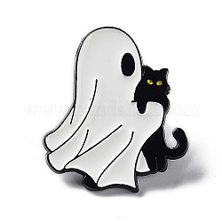 Ghost with Black Cat Alloy Enamel Brooch, Halloween Pins, White, 29x25x1.5mm