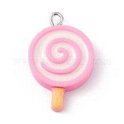 Pendentifs alimentaires imitation résine opaque, avec boucles en fer couleur platine, lollipop, rose, 28.5x18x5.5mm, Trou: 2mm
