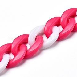 Handmade Acrylic Twisted Chains, Curb Chains, White, Hot Pink, Links: 19x13.5x4mm, 39.37 inch(1m)/strand