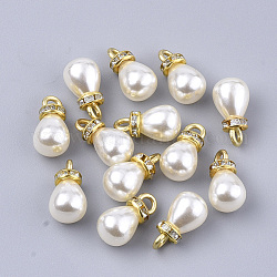 Colgantes de perlas de imitación de plástico abs de alto brillo, con fornituras de hierro chapado en oro y rhinestone de cristal, lágrima, dorado, 15x8mm, agujero: 2.5 mm