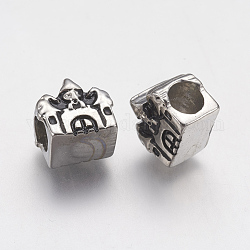 Ion Plating(IP) 304 Stainless Steel European Beads, Large Hole Beads, House, Antique Silver, 10x11x8.5mm, Hole: 5mm