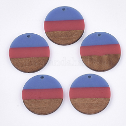 Ciondoli in resina tricolore e legno di noce, rotondo e piatto, blu fiordaliso, 28x3.5mm, Foro: 2 mm