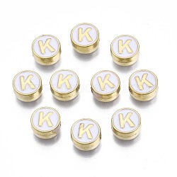 Perline smaltato in lega,  cadmio& piombo libero, oro chiaro, piatta e rotonda con l'alfabeto, bianco, letter.k, 8x4mm, Foro: 1.5 mm