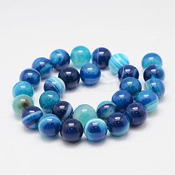 Natural Striped Agate/Banded Agate Bead Strands, Round, Grade A, Dyed, Dodger Blue, 14mm, Hole: 1mm, about 27~28pcs/strand, 14.5 inch
