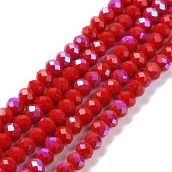 Electroplate Opaque Solid Color Glass Beads Strands, Half Rainbow Plated, Faceted, Rondelle, Dark Red, 2.5x1.5mm, Hole: 0.4mm, about 195pcs/strand, 11 inch(27.5cm)