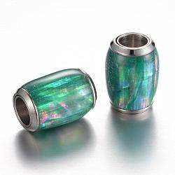 304 Stainless Steel Enamel Magnetic Clasps with Glue-in Ends, with Shell, Barrel, Medium Sea Green, 16x13~14mm, Hole: 6mm