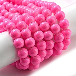 Chapelets de perles en verre peintes, cuisson des peintures, ronde, rose chaud, 8mm, Trou: 1.3~1.6mm, Environ 100 pcs/chapelet, 31.4 pouce