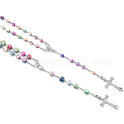 Collier de perles rosaire, Collier pendentif croix crucifix en alliage avec chaînes de perles rondes en argile polymère pour femmes, colorées, 19.69 pouce (50 cm)