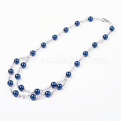 Glass Pearl Beads Tiered Necklaces, with Faceted Glass Beads, Brass Lobster Claw Clasps and Iron Eye Pin, Platinum, Medium Blue, 18.6 inch(47.3cm)