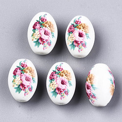 Perlas de vidrio opacas impresas y pintadas con spray, oval con estampado de flores, blanco, 15x10mm, agujero: 1.6 mm