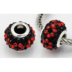 Resin European Beads, with Silver Color Brass Double Cores and Rhinestones, Rondelle, Jet & Hyacinth, 15x9.4mm, Hole: 5mm