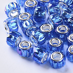 Perline europei di resina trasparente, perline con foro grande, con il colore argentato nuclei doppi in ottone, sfaccettato, ab colore placcato, colonna, blu, 11.5x8mm, Foro: 5 mm