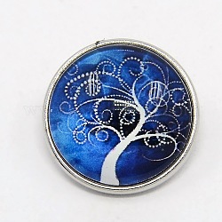 Platinum Plated Brass Glass Flat Round with Tree Jewelry Snap Buttons, Cadmium Free & Nickel Free & Lead Free, Royal Blue, 18x9mm, Knob: 5.5mm