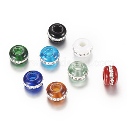 Perles européennes vernissées, Perles avec un grand trou   , avec des strass, rondelle, couleur mixte, 13~14x9mm, Trou: 4~4.5mm