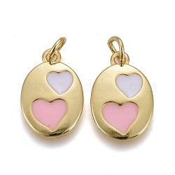 Colgantes de esmalte de latón, chapado en oro de larga duración, con anillos de salto, óvalo plano con patrón de corazón, rosa, 15x10x1.5mm, agujero: 4.5x0.8 mm