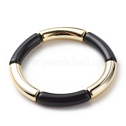 Pulsera elástica con cuentas de tubo curvo acrílico para mujer, negro, diámetro interior: 2-1/8 pulgada (5.3 cm)